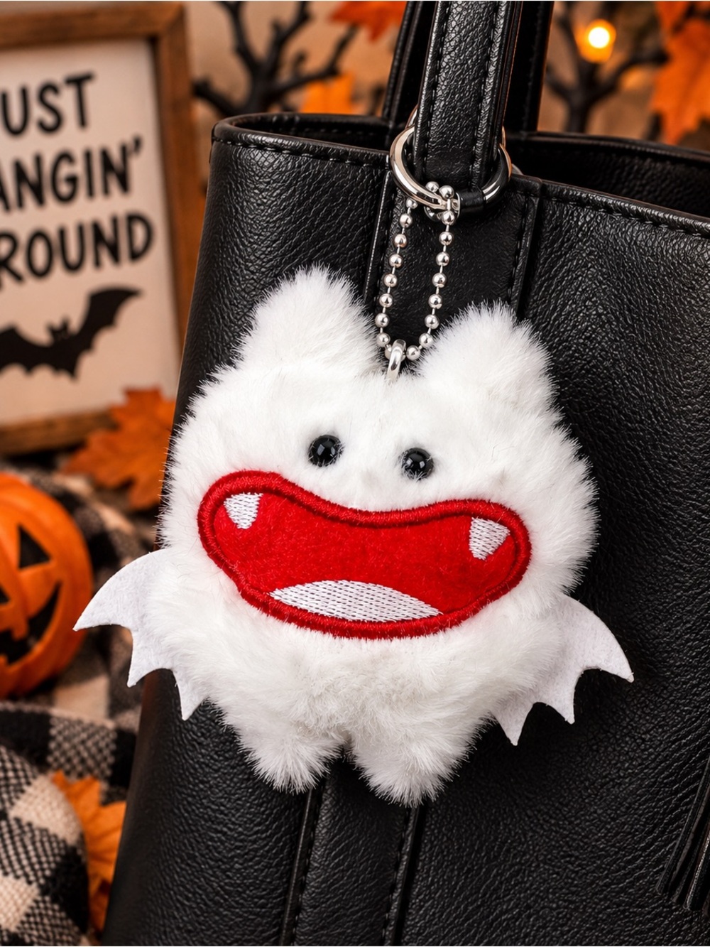 White Fluffy Bat Plush Bag Charm Keychain Red Mouth Halloween New